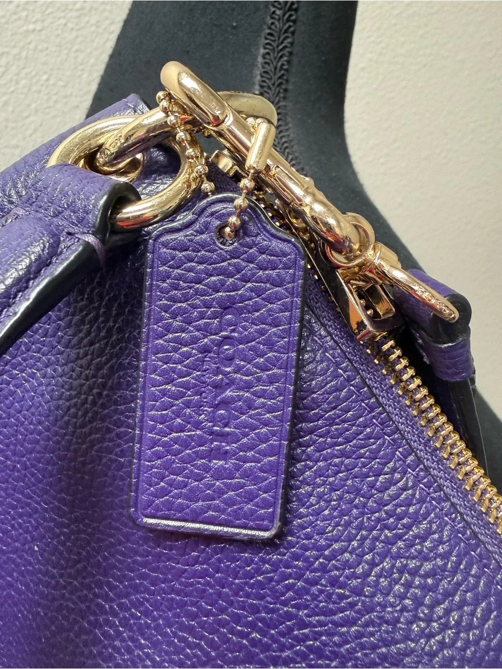 Coach Charley 33521 Purple Pebbled Leather Horse Carriage Crossbody Bag Gold Zip